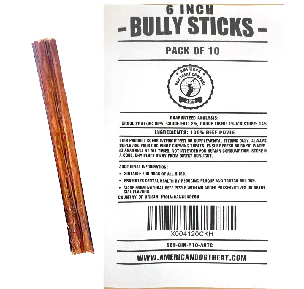 Bully Sticks for Dogs | Natural Long Lasting Pizzle Sticks | Single Ingredient Beef Pizzle | Dog Treats for Aggressive Chewers | 6-Inch Standard Thickness (Pack of 10 - Approximately 7 oz)