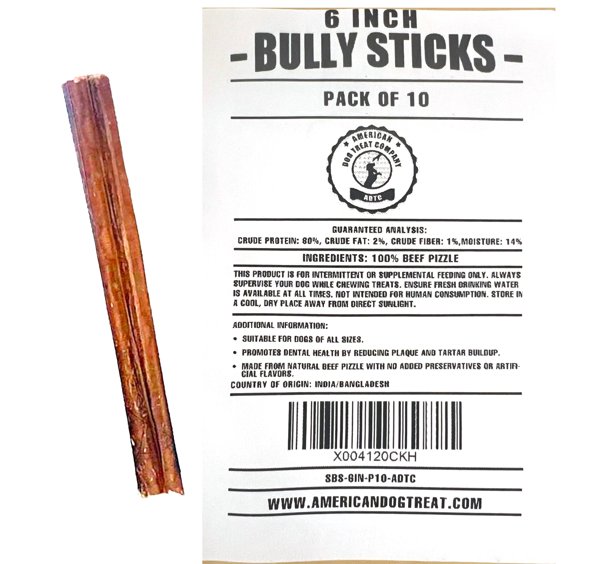 Bully Sticks for Dogs | Natural Long Lasting Pizzle Sticks | Single Ingredient Beef Pizzle | Dog Treats for Aggressive Chewers | 6-Inch Standard Thickness (Pack of 10 - Approximately 7 oz)