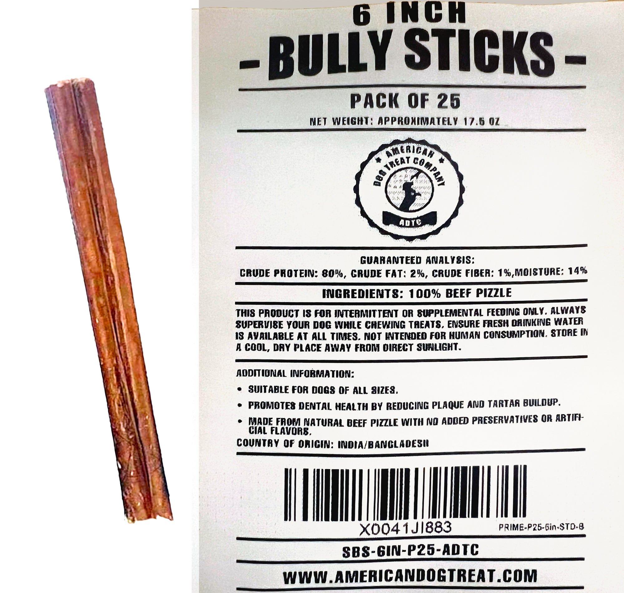 Bully Sticks for Dogs | Natural Long Lasting Pizzle Sticks | Single Ingredient Beef Pizzle | Dog Treats for Aggressive Chewers | 6-Inch Standard Thickness (Pack of 25)