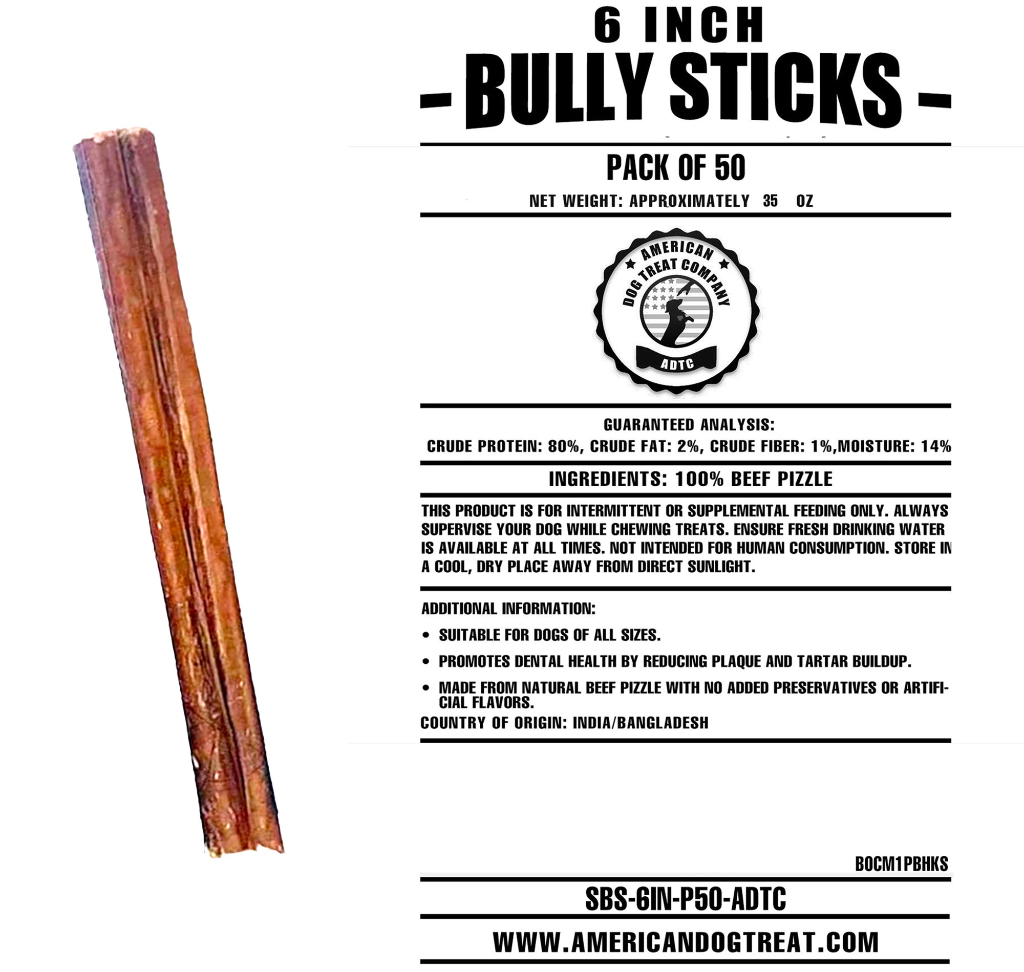 Bully Sticks for Dogs | Natural Long Lasting Pizzle Sticks | Single Ingredient Beef Pizzle | Dog Treats for Aggressive Chewers | 6-Inch Standard Thickness (Pack of 50)