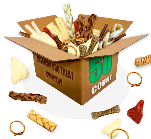 50-Piece Premium Dog Chew Assortment - Natural & Long-Lasting Treats | Includes Beef Ears, Bully Sticks, Collagen Sticks, Trachea Bones & More