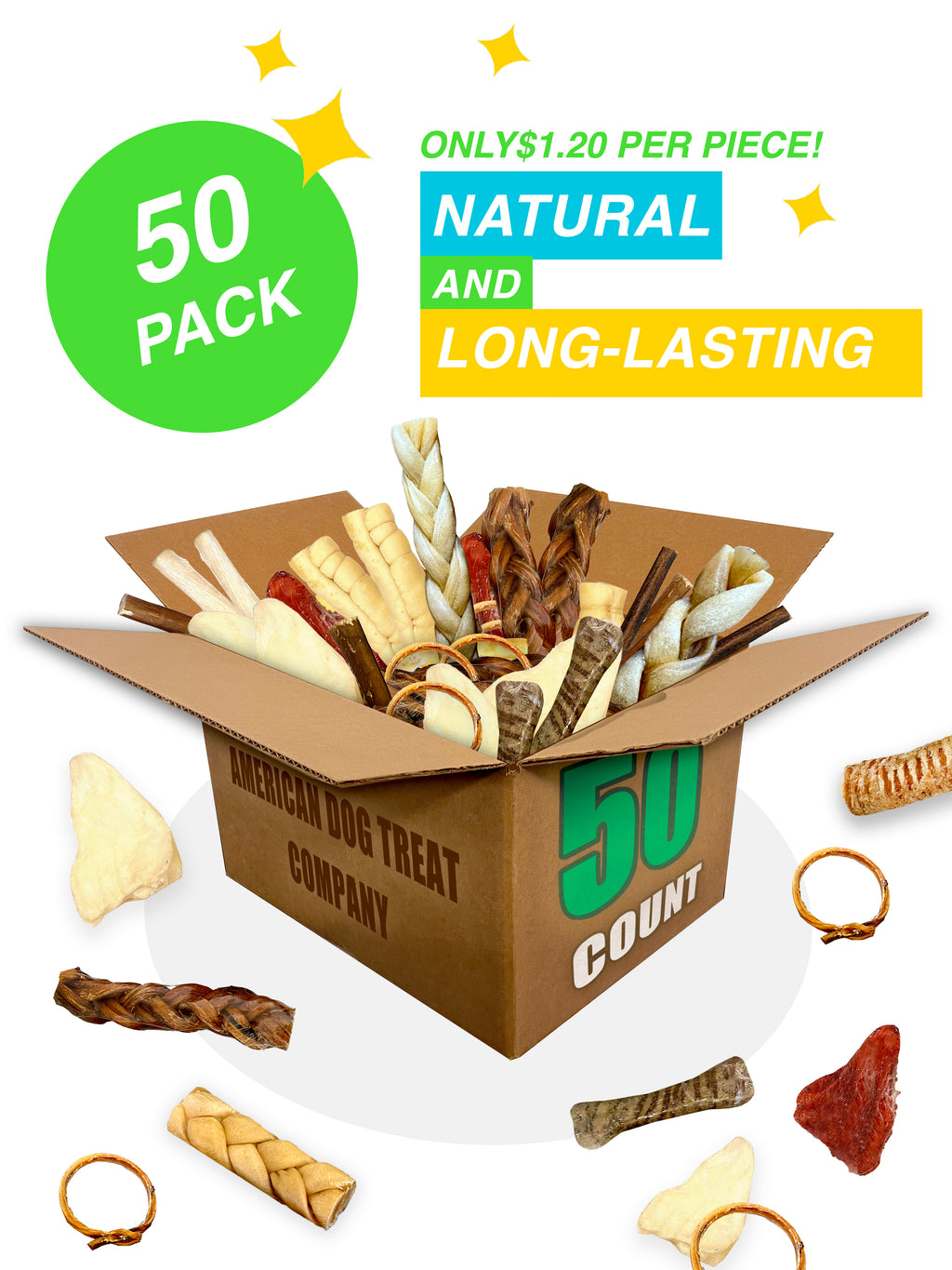 50-Piece Premium Dog Chew Assortment - Natural & Long-Lasting Treats | Includes Beef Ears, Bully Sticks, Collagen Sticks, Trachea Bones & More